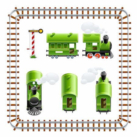 green vintage locomotive with coach set vector illustration isolated on white background Foto de stock - Super Valor sin royalties y Suscripción, Código: 400-05884628