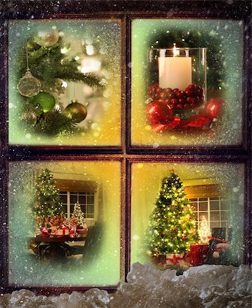 snowflakes on window - Vignettes of Christmas scenes seen through a wooden window Foto de stock - Super Valor sin royalties y Suscripción, Código: 400-05884810