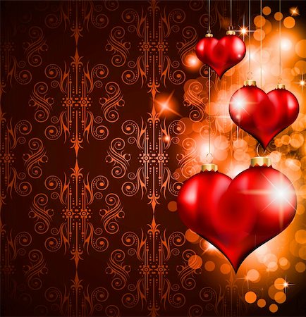 simsearch:400-05885929,k - Valentine's Day Flyer with a seamless vintage background, glossy hearts and star lights. Foto de stock - Super Valor sin royalties y Suscripción, Código: 400-05885437