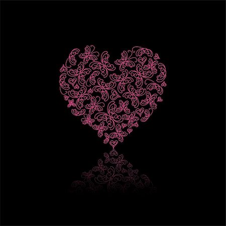 Red Heart Filled With Butterfly Silhouettes On Black Background. Vector Valentine Illustration Stock Photo - Budget Royalty-Free & Subscription, Code: 400-05885841