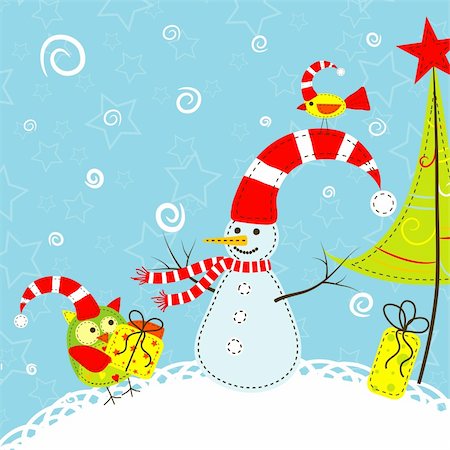 snowman owl - Template christmas greeting card, vector illustration Stock Photo - Budget Royalty-Free & Subscription, Code: 400-05885854