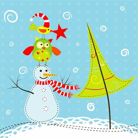 snowman owl - Template christmas greeting card, vector illustration Stock Photo - Budget Royalty-Free & Subscription, Code: 400-05885855