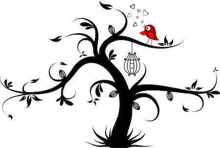 drawing and bird cage - Valentines tree background, vector illustration Stock Photo - Budget Royalty-Free & Subscription, Code: 400-05885880