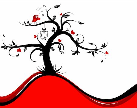 drawing and bird cage - Valentines tree background, vector illustration Stock Photo - Budget Royalty-Free & Subscription, Code: 400-05885892