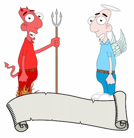 simsearch:400-07486435,k - Isolated cartoon Devil and Angel characters behind a scroll Stock Photo - Budget Royalty-Free & Subscription, Code: 400-05886667