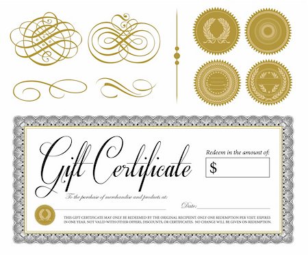 Vector Ornate Vintage Certificate and Ornaments. All pieces are seperate and easy to edit. Perfect for gift certificates. Stock Photo - Budget Royalty-Free & Subscription, Code: 400-05886845