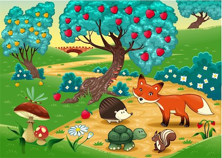 scene cartoons characters - Animals in the wood. Funny cartoon and vector illustration Stock Photo - Budget Royalty-Free & Subscription, Code: 400-05886921