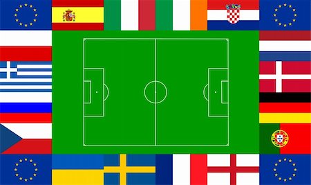 National team flags European football championship 2012. Flags from all 16 participating countries and the flag of Europe, sorted round an illustration of a soccer field according to groups Foto de stock - Super Valor sin royalties y Suscripción, Código: 400-05887089