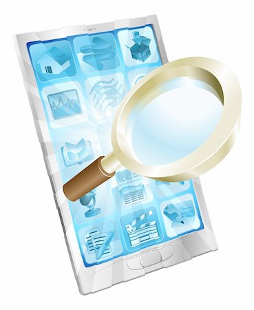 Magnifying glass search icon coming out of phone screen concept Stock Photo - Budget Royalty-Free & Subscription, Code: 400-05887429