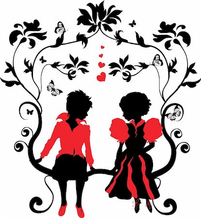 simsearch:400-06455036,k - Silhouette little girl and boy with hearts illustration Stock Photo - Budget Royalty-Free & Subscription, Code: 400-05887735