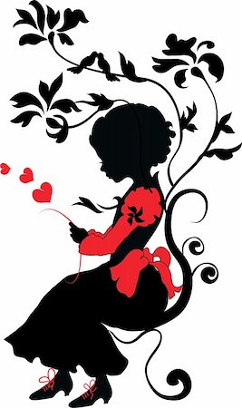 red floral background with black leaves - Silhouette girl with love letter valentine illustration Stock Photo - Budget Royalty-Free & Subscription, Code: 400-05887736