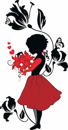 red floral background with black leaves - Silhouette little girl with lovely bouquet valentine illustration Stock Photo - Budget Royalty-Free & Subscription, Code: 400-05887733