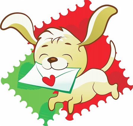 dog ear cartoon - Cute puppy brings love letter on postage stamp Stock Photo - Budget Royalty-Free & Subscription, Code: 400-05887743