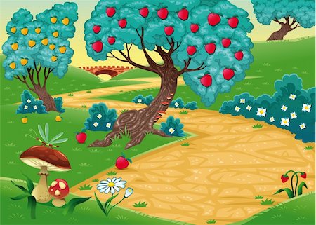 scene cartoons characters - Wood with fruit trees. Funny cartoon and vector illustration Stock Photo - Budget Royalty-Free & Subscription, Code: 400-05887845