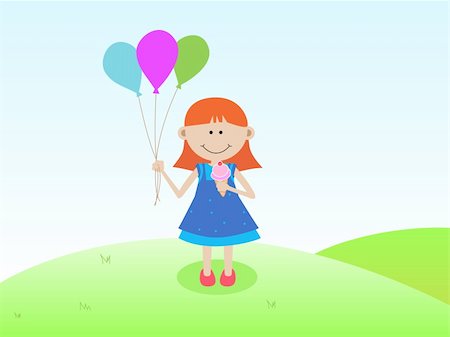 excited ice cream - Little girl standing with a bunch of balloons in one hand and an ice-cream in other hand, with green grass and soft blue sky in the background. EPS 10. Stock Photo - Budget Royalty-Free & Subscription, Code: 400-05887943