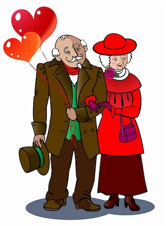 A loving elderly couple walks together, holding balloons in the form of hearts. There are gradients, characters cannot be separated, it is possible to change color. Photographie de stock - Aubaine LD & Abonnement, Code: 400-05887971