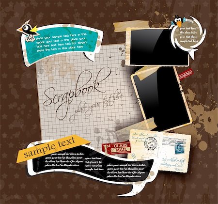 simsearch:400-05137422,k - Vintage scrapbook composition with old style distressed postage design elements and antique photo frames plus some post stickers. Background is wood. Stock Photo - Budget Royalty-Free & Subscription, Code: 400-05888875