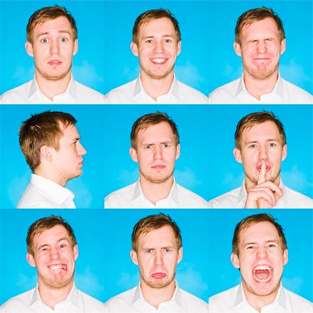 Nine portraits with different expressions of a young man on blue background Foto de stock - Super Valor sin royalties y Suscripción, Código: 400-05889493