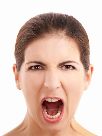 portrait screaming girl - Close-up portrait of a angry woman shouting, over a white background Stock Photo - Budget Royalty-Free & Subscription, Code: 400-05889961