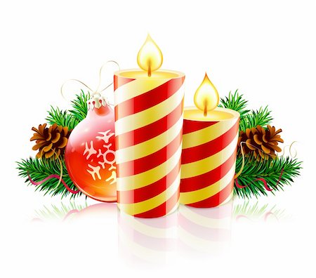 Vector illustration of Christmas decorative composition with evergreen branches, pine cones and candles Stock Photo - Budget Royalty-Free & Subscription, Code: 400-05880358