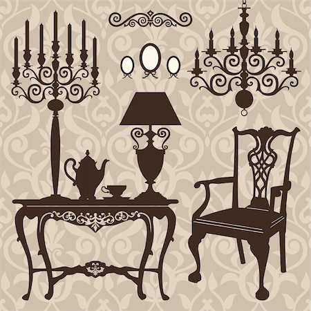 Antique decorative furniture collection, brown silhouettes for your design. Vector illustration Stock Photo - Budget Royalty-Free & Subscription, Code: 400-05881476