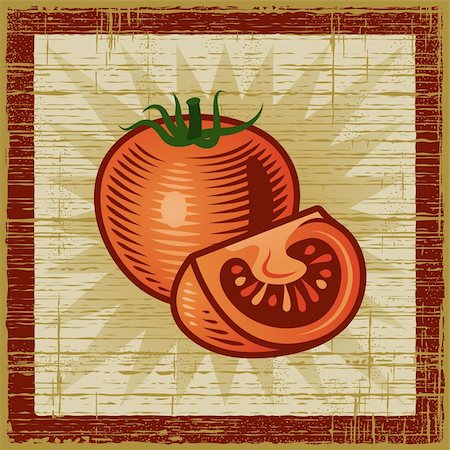 Retro tomato with a slice on wooden background. Vector illustration in woodcut style. Photographie de stock - Aubaine LD & Abonnement, Code: 400-05881700