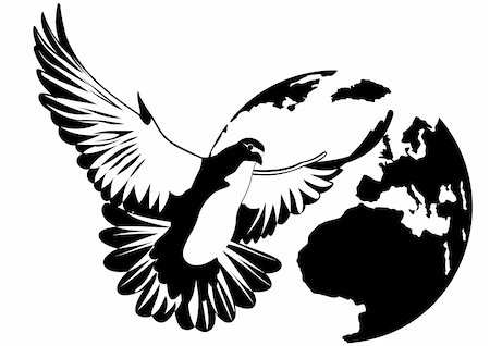 dove wings - Flying Pigeon on the background of the planet Earth. Black and white illustration Photographie de stock - Aubaine LD & Abonnement, Code: 400-05881902