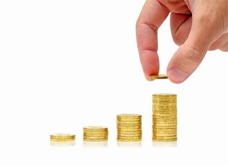 Successful investment. Conceptual business picture. Columns of gold coins and businessman's hand isolated on white background with reflection Photographie de stock - Aubaine LD & Abonnement, Code: 400-05882067