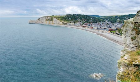 famous cliffs in france - Beach and rock formation in Etretat, France, Normandy, panorama Stock Photo - Budget Royalty-Free & Subscription, Code: 400-05882077