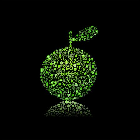 Apple Silhouette Filled With Diiferent Eco Object on Black Background - bulb, leaf, globe, drop, apple, house, trash. Ecology concept. Stock Photo - Budget Royalty-Free & Subscription, Code: 400-05882358