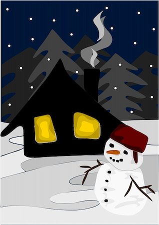 Winter view at night - snowman and wooden cottage. Foto de stock - Super Valor sin royalties y Suscripción, Código: 400-05883464