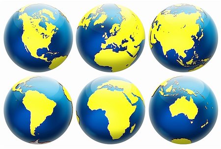 earth space asia - Six different positions globes isolated on white. In blue and yellow colors. Stock Photo - Budget Royalty-Free & Subscription, Code: 400-05883973