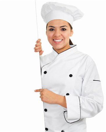 Stock image of female chef holding blank sign with copy space and isolated on white background Stock Photo - Budget Royalty-Free & Subscription, Code: 400-05895860