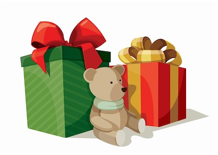 Two boxes of presents with a teddy bear sitting nearby Stockbilder - Microstock & Abonnement, Bildnummer: 400-05897604