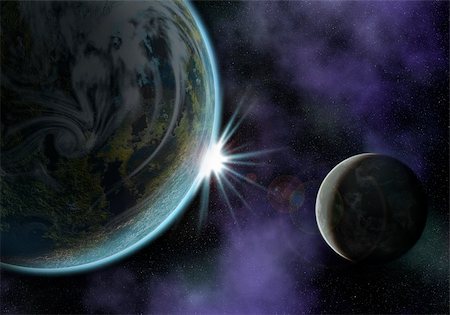 extraterrestre - illustration of a space scene with planet and moon. the sun is about to rise Photographie de stock - Aubaine LD & Abonnement, Code: 400-05898368