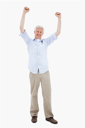 simsearch:400-04575209,k - Portrait of a mature man with the arms up against a white background Foto de stock - Royalty-Free Super Valor e Assinatura, Número: 400-05898505