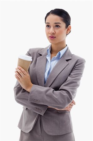 simsearch:400-04188263,k - Portrait of a cute businesswoman holding a takeaway tea against a white coffee Foto de stock - Super Valor sin royalties y Suscripción, Código: 400-05898613