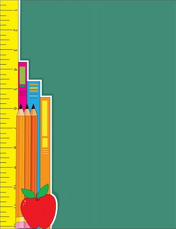 A desk blotter green background, with a colorful apple and set of school utensils, forming a border on the left margin. Stock Photo - Budget Royalty-Free & Subscription, Code: 400-05898957