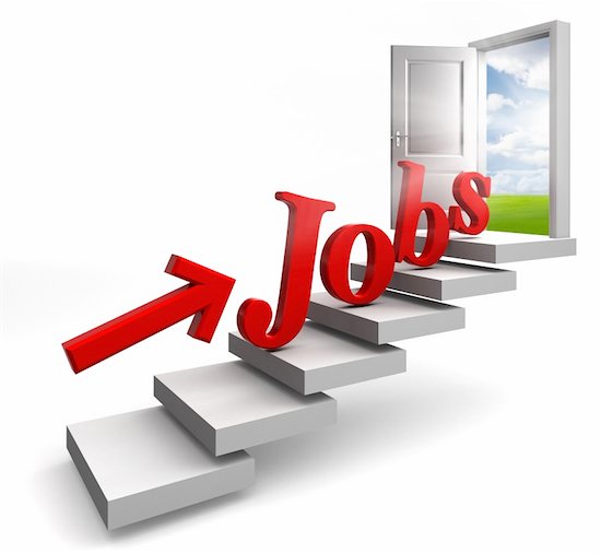 jobs red word and arrow on stair up to open conceptual door with view to sky and field on white background Stock Photo - Royalty-Free, Artist: donskarpo, Image code: 400-05899375