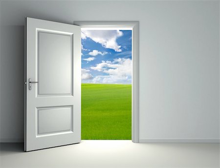 white open door inside empty room with view to green field and cloud sky background Stock Photo - Budget Royalty-Free & Subscription, Code: 400-05899370