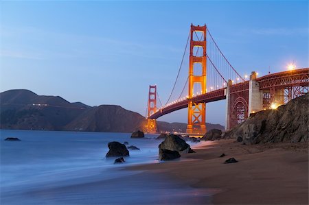 sunset west coast blue sky - Golden Gate Bridge in San Francisco California after sunset. Stock Photo - Budget Royalty-Free & Subscription, Code: 400-05890033