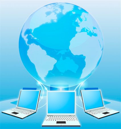 Laptop computers connected via world globe network internet computing concept Stock Photo - Budget Royalty-Free & Subscription, Code: 400-05890586