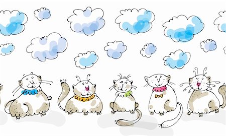 Vector curly cats with closed eyes sitting under the clouds Stock Photo - Budget Royalty-Free & Subscription, Code: 400-05891057
