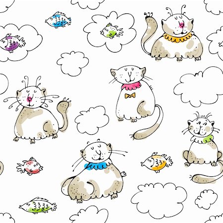 Dreaming cats and fish and clouds | Vector illustration Photographie de stock - Aubaine LD & Abonnement, Code: 400-05891071