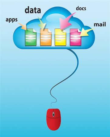 simsearch:400-05877439,k - Cloud computing concept with glossy cloud, computer mouse and different type of docs. Vector illustration Stockbilder - Microstock & Abonnement, Bildnummer: 400-05892050