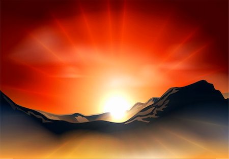 dawn red sky - Illustration of landscape with sunrise or sunset over a mountain range Stock Photo - Budget Royalty-Free & Subscription, Code: 400-05892231