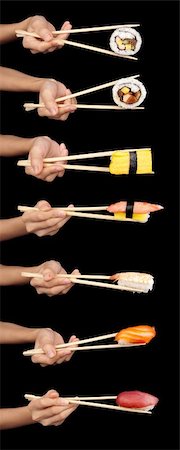 Set of 7 hands holding various types of sushi with chopsticks isolated on a black background. Stock Photo - Budget Royalty-Free & Subscription, Code: 400-05893588