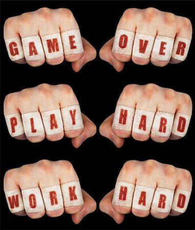 A set of 3 pairs of fists that are bruised and beaten with taped fingers with written messages in red. Stock Photo - Budget Royalty-Free & Subscription, Code: 400-05893591