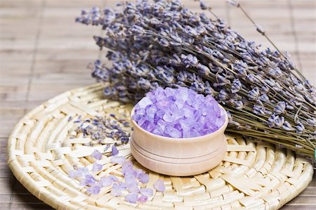 Aromatic bath salt and dry lavender flowers on bamboo mat shallow DOF Stock Photo - Budget Royalty-Free & Subscription, Code: 400-05893727