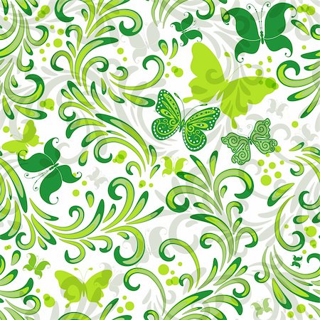 simsearch:400-05922161,k - White repeating floral pattern with green curls and butterflies (vector EPS 10) Photographie de stock - Aubaine LD & Abonnement, Code: 400-05893921